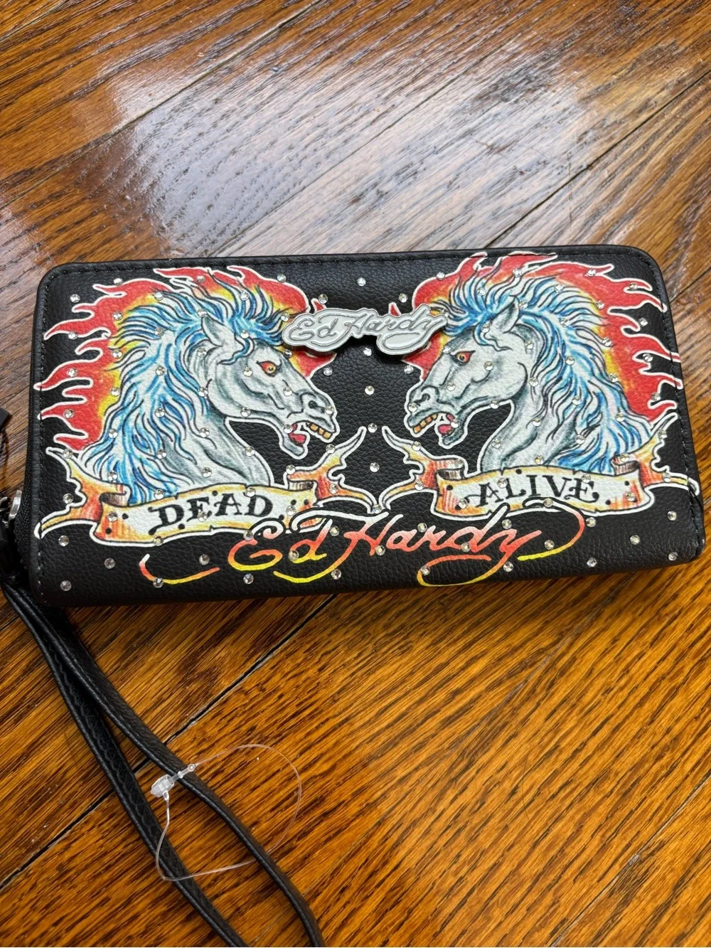 Ed Hardy Black Zip Wallet Wristlet with Multicolor Horse Graphic